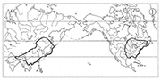 図1－①　東アジア―北米東部型の分布　チョウセンニンジン属 / Map 1 Examples of Eastern Asiatic-Eastern North American distribution type. Panax