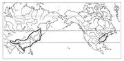 図1－②　東アジア―北米東部型の分布　チゴユリ属 / Map 2 Examples of Eastern Asiatic-Eastern North American distribution type. Disporum