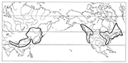 図1－⑤　東アジア―北米東部および西部型の分布　ツバメオモト属 / Map 5 Examples of Eastern Asiatic- Eastern and Western North American distribution type. Clintonia