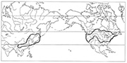 図1－⑦　東アジア―北米広分布域型 / Map 7 Examples of Eastern Asiatic-Trans-North American type.